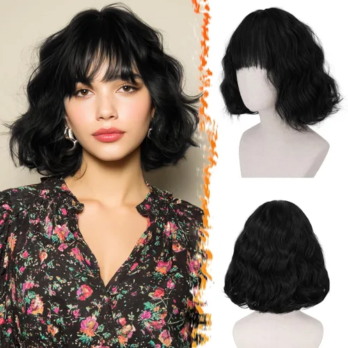 Vista 17 de BARSDAR Peluca corta ondulada con reflejos castaño, peluca corta ondulada con flequillo para mujer, gruesa, suave, sintética, texturizada, rizada