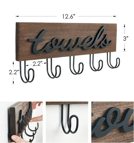 Vista 3 de Mkono Soporte de Toallas Montado en Pared, Toalleros para Baño, Decoración de Casa de Campo, Ganchos de Madera Rústica para Toallas, para Colgar
