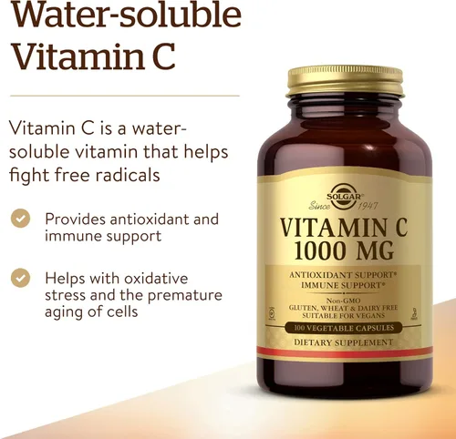 Vista 3 de Solgar Vitamina C 1000 mg, 100 cápsulas vegetales – Antioxidante y apoyo inmunológico – Salud general – Piel y articulaciones saludables