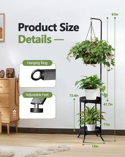 Vista 2 de RINBOU Soporte para plantas colgantes para interiores y exteriores, estante esquinero de metal para 3 macetas, 2 niveles de 61 pulgadas de alto