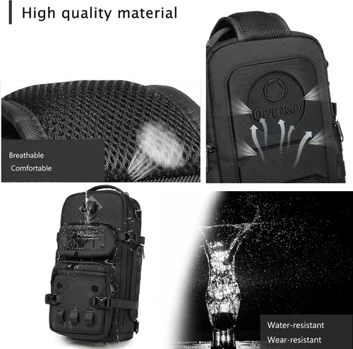 Vista 5 de OZUKO Multipurpose Sling Bag for Men, Large Capacity Crossbody Shoulder Bag Waterproof Sling Chest Backpack with Tripod Holder Fit for Outdoor