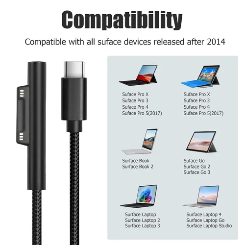 Vista 7 de YACSEJAO Cable de carga Surface Pro USB-C de 15 V/3 A, 60 W, conexión de superficie a USB C, cable de carga para Surface Pro 7/6/5/4/3 Go3/2/1 y más