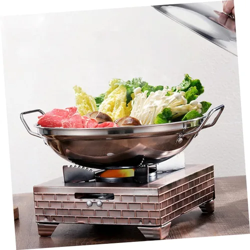 Vista 5 de UPKOCH Olla de cocina de acero inoxidable chino Shabu Shabu olla caliente doble mango salsa antiadherente con tapa pequeña stock, 9 pulgadas