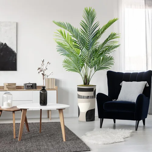 Vista 11 de Árbol artificial con diseño de hojas blancas y negras, palmera tropical areca artificial de seda para decoración del hogar en interiores y Diseño