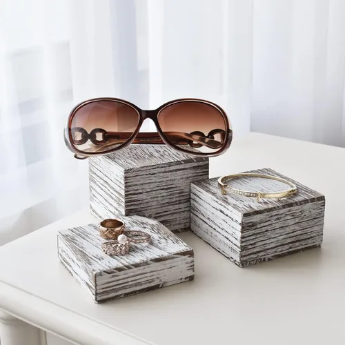Vista 3 de MOOCA Juego de elevadores de madera personalizables, 3 soportes de altura diferentes para joyas, relojes, cosméticos y accesorios, color blanco