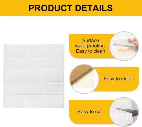 Vista 3 de uxcell Paneles de pared 3D para despegar y pegar, 30 piezas de papel tapiz de ladrillo de espuma para dormitorio, panel de pared de piedra Blanco