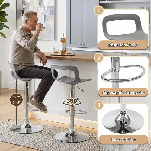 Vista 5 de NOBPEINT Taburete de bar giratorio ajustable con elevación de aire cromado contemporáneo, juego de 4, gris