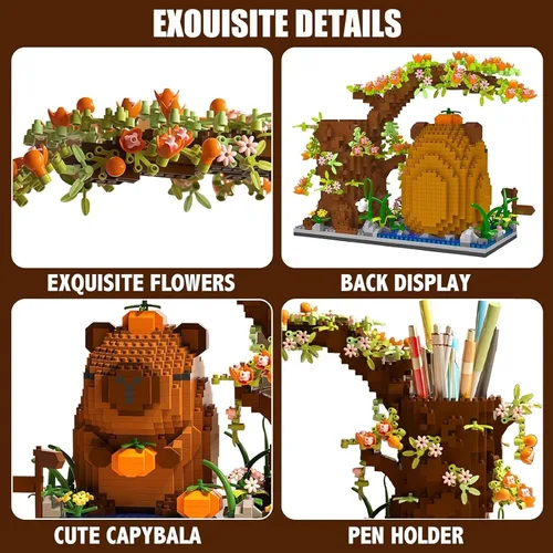 Vista 8 de Capybara - Juego de bloques de construcción de 1880 piezas de lindos animales y flores, kit de ladrillos de construcción Kawaii Capybara, juguete