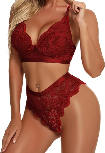 Vista 5 de KYLELOVE Conjunto de lencería para mujer, conjunto de brasier y bragas inalámbricos, trajes de boudoir de encaje