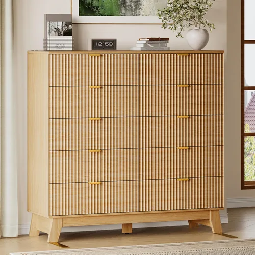 Vista 59 de BORNOON Cómoda con 3 cajones acanalados, cómoda de madera moderna y compacta de 30.3" de altura estilo Boho, gabinete de almacenamiento