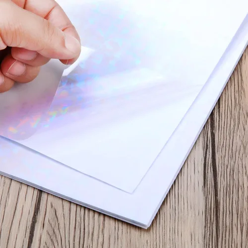 Vista 3 de Outus 24 hojas de papel adhesivo holográfico, hojas de laminado holográfico, láminas de superposición transparente, laminación adhesiva de vinilo