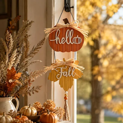 Vista 2 de Valery Madelyn Decoraciones de otoño para el hogar, decoración de pared de otoño con calabaza y hoja de arce, coronas rústicas de otoño, decoración