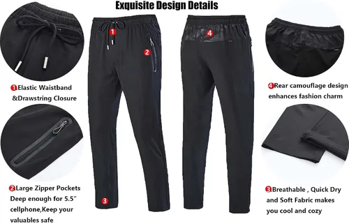 Vista 7 de BIYLACLESEN Pantalones de correr para hombre, ligeros, de secado rápido, para senderismo, con bolsillos con cremallera