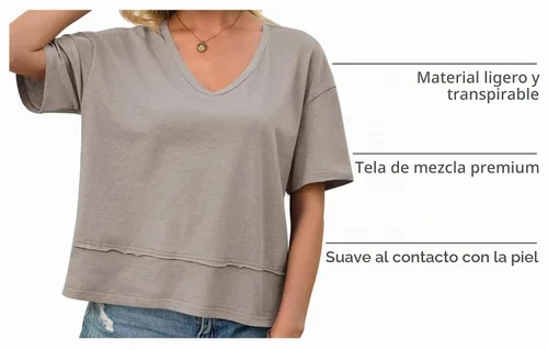 Vista 4 de Cicy Bell Camisetas de verano con cuello en V para mujer, casuales, de manga corta, holgadas, lindas camisetas básicas Caqui