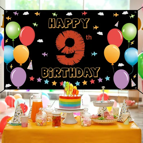 Vista 4 de Cartel de fondo de 9º cumpleaños, decoraciones de feliz 9º cumpleaños para niñas y niños, cartel de cumpleaños de 9 años, colorido fondo de fiesta