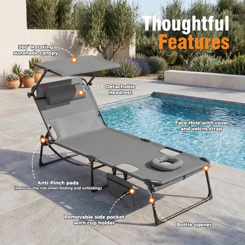 Vista 3 de Silla de bronceado con orificio facial y toldo, tumbona de playa plegable y gris (Light Grey 1)