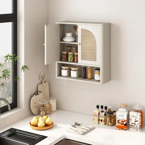Vista 7 de RUSTOWN Mueble de pared de baño de ratán con 2 puertas arqueadas y estante Blanco rústico
