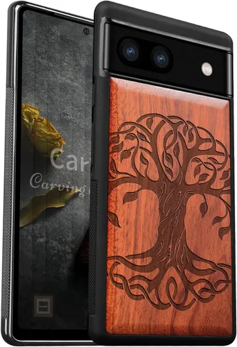 Vista 12 de Carveit Funda de madera para Pixel 6 [madera real dura y TPU suave] a prueba de golpes, funda protectora híbrida única y elegante de madera