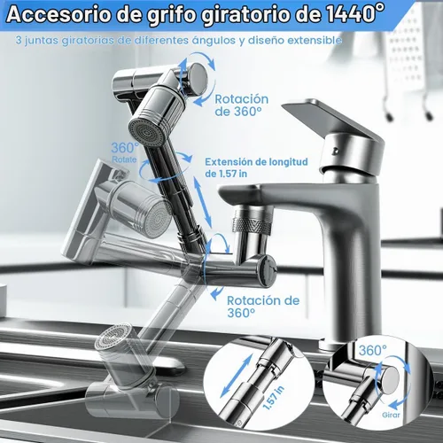 Vista 5 de Extensor de grifo giratorio de 1440°, extensor de aireador de grifo de fregadero, filtro extensible giratorio, con 2 modos de protección contra