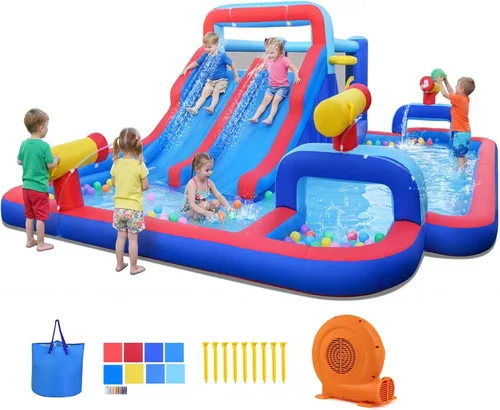 Vista 11 de BOUNTECH Tobogán acuático inflable, 7 en 1 doble tobogán para niños, parque acuático para niños, toboganes de agua inflables para exteriores