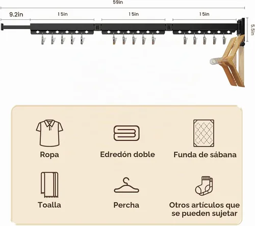 Vista 6 de ZdwCyl Percha de ropa montada en la pared, estante de secado de ropa de aluminio, ahorro de espacio, retráctil, agujeros a prueba de viento