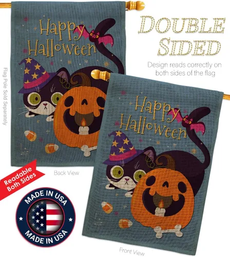 Vista 3 de Juego de bandera de casa de arpillera de gato brujo para otoño, Halloween, truco o trato espeluznante noche negro temporada otoño calabaza