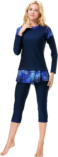 Vista 2 de Traje de baño burkini para mujer, modesto musulmán, traje de baño islámico, manga larga, cubierta completa, hiyab con falda y pantalones capri