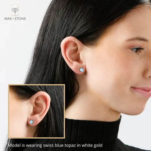 Vista 2 de MAX + STONE - Aretes redondos de oro de 14 quilates para mujer, aretes de piedra natal de 0.236in, aretes de piedras preciosas de oro real