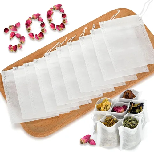 Vista 8 de 100 bolsas de té desechables para té de hojas sueltas, bolsas de filtro de té vacías con cordón de algodón, bolsitas infusoras de té rellenables