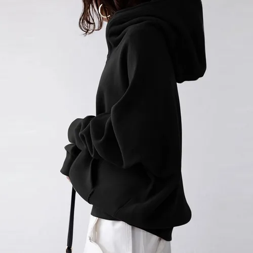 Vista 4 de DOLKFU Sudaderas con capucha de manga larga con cremallera para mujer, color liso, cómodas, holgadas, informales, para otoño