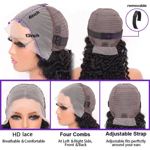 Vista 4 de Pelucas Rizadas de Cabello Humano 13x4 HD Pelucas de Encaje Frontal de Ondas Profundas Cabello Humano Pre Desplumadas 12 Pulgadas Peluca Bob Cabello