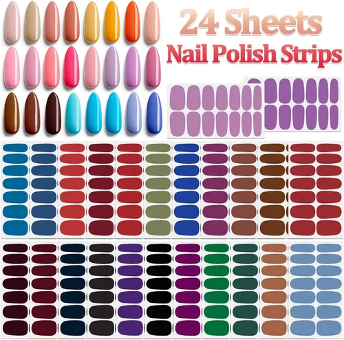 Vista 2 de 24 hojas de envolturas de uñas de color sólido para mujeres, tiras de esmalte de uñas autoadhesivas, tiras de uñas de gel para arte de uñas
