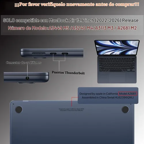Vista 2 de CISSOOK para MacBook Air 13.6 M4 M3 M2 Funda 2025 2024 2022 Release, Carcasa Rígida de Plástico y Cubierta de Teclado y Adaptador USB para MacBook