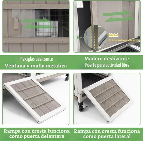 Vista 4 de Gowoodhut Conejera de 38.19 pulgadas de largo para interiores y exteriores con 4 ruedas, jaula de madera para conejo con bandeja extraíble a prueba