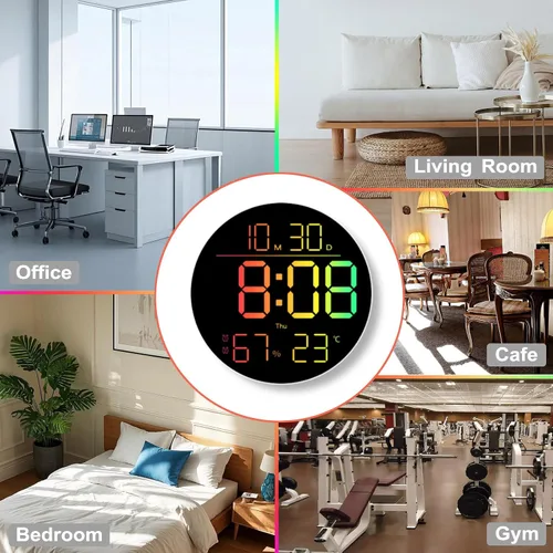 Vista 8 de QINFIEY Reloj de pared LED de 10 pulgadas con luz ambiental RGB, atenuación automática, pantalla de color/hora/fecha/temperatura/humedad, alarma
