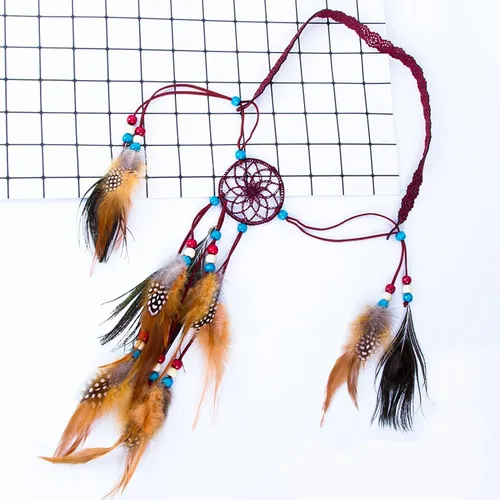 Vista 3 de Zhiheng Bohe - Diadema de plumas hippie con atrapasueños para niñas y mujeres, accesorios para el cabello de carnaval (borgoña)
