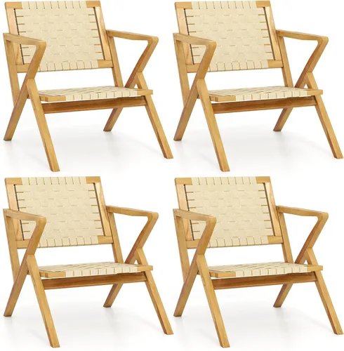 Vista 11 de Tangkula Silla de comedor de madera de teca para exteriores, sillón rústico de madera para patio con asiento y respaldo de cincha, para sala