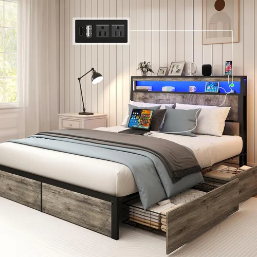 Vista 14 de SADENICEL Base de cama de tamaño matrimonial con almacenamiento, plataforma de cama de madera LED con cabecero, 2 cajones, estación de carga,