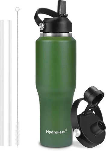 Vista 14 de Botella de agua de 32 onzas aislada con popote, botellas de agua a prueba de fugas, botella de agua para hombre, acero inoxidable para gimnasio