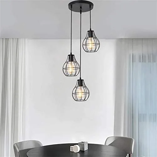 Vista 5 de Modern Black Pendant Light Fixtures, Mesh Metal Chandelier, Vintage Industrial 3 Heads Hanging Pendant Lamp for Kitchen Island Dining Room Farmhouse