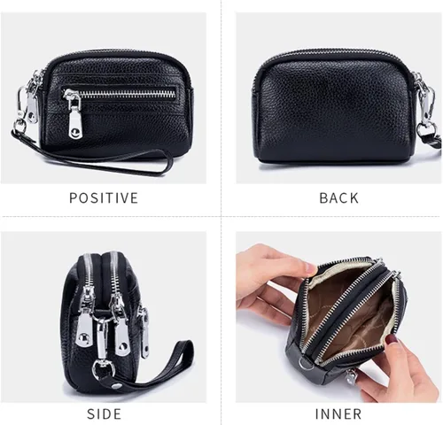 Vista 3 de Cartera de cuero genuino con correa para la muñeca, Negro