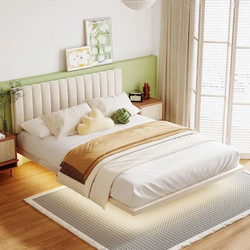 Vista 18 de Bonita cama tapizada de cuero con adorno de conejo, cama de plataforma de tamaño individual con cabecero y listones de madera, adecuada para niños