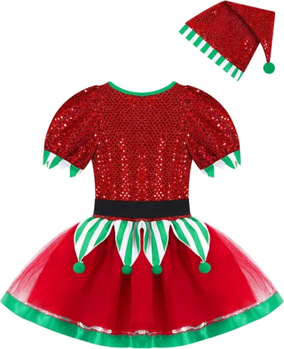 Vista 4 de dPois Disfraz de elfo de Papá Noel para niñas y niñas, vestido de tutú de lentejuelas para baile, traje festivo, fiesta de Navidad