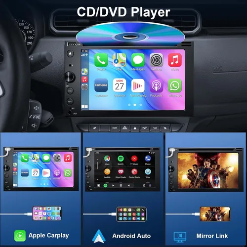 Vista 2 de Estéreo de coche de doble DIN con reproductor de CD/DVD, pantalla táctil de 7 pulgadas con Apple CarPlay y Android Auto, Bluetooth5.2, cámara