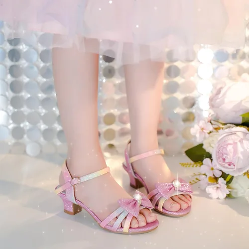 Vista 3 de LAURMOSA Sandalias para niñas, zapatos de vestir para fiesta de boda, puntera abierta, tacones altos con purpurina para niños pequeños y grandes