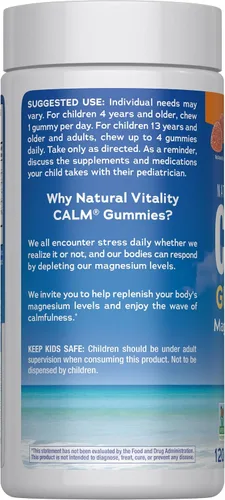 Vista 3 de Natural Vitality Gomitas de magnesio calmantes 330 mg por porción Suplemento con sabor a naranja Sin gluten y vegano 120