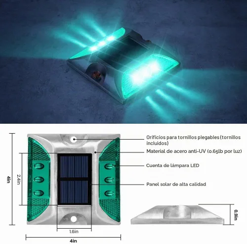 Vista 2 de Perno solar para carretera, 8 unidades, verde, LED, IP68 impermeable, automático, estilo moderno, 4.13 pulgadas de largo x 4.13 pulgadas de ancho x