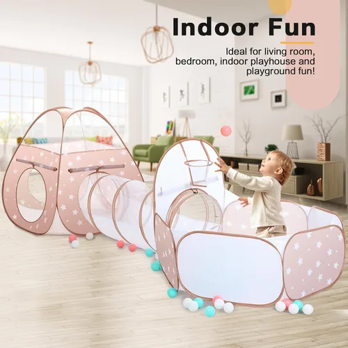 Vista 3 de GeerWest Tienda de campaña 3 en 1 para niños: con pozo de pelotas para bebés y túnel de juego, casa de juegos para interiores y exteriores con túnel