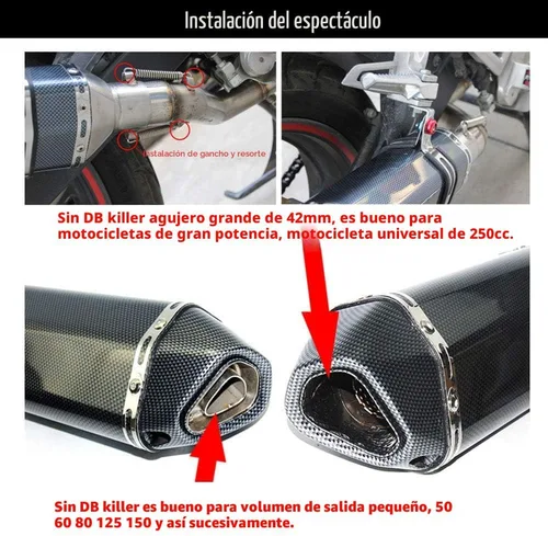 Vista 4 de Silenciador de escape de fibra de carbono de 1.5 – 2 pulgadas con DB Killer extraíble para motocicletas de calle/deporte y scooters con tubos