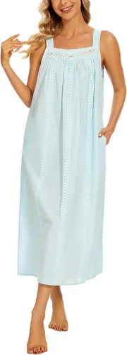 Vista 2 de YOZLY Camisones de algodón para mujer, sin mangas, bordados, con bolsillos, S-XXL